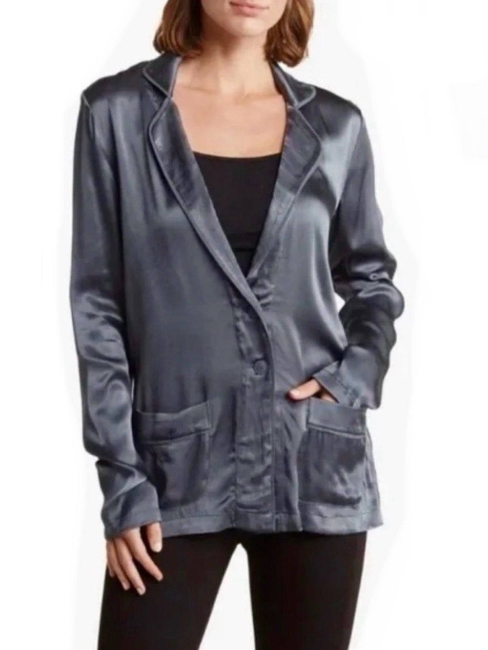 NWT Elie Tahari Gray Rayon Satin Blazer Jacket Pockets Business Casual Formal XS